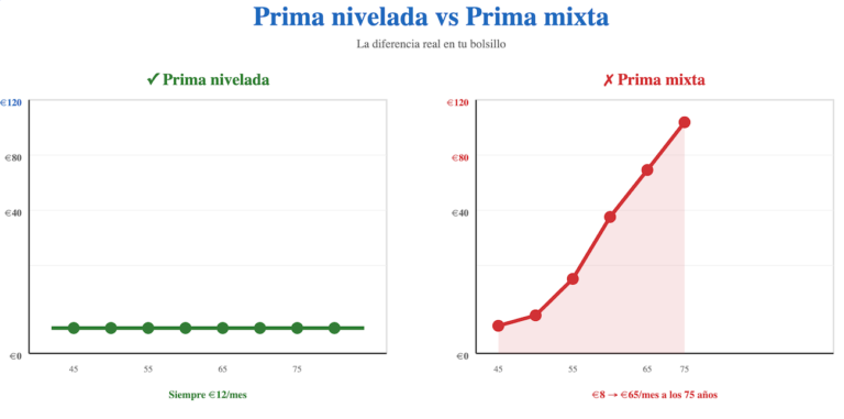 Comparativa gráfica: Prima nivelada (línea plana €12/mes) vs Prima mixta (línea ascendente €8 a €65/mes)